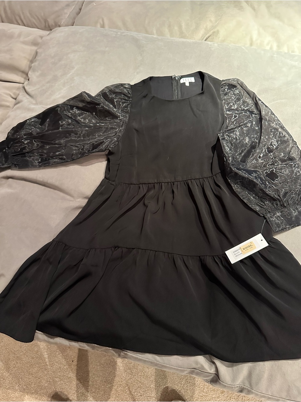 TCEC Black Tiered Dress with Sheer Puff Jacquard Sleeves